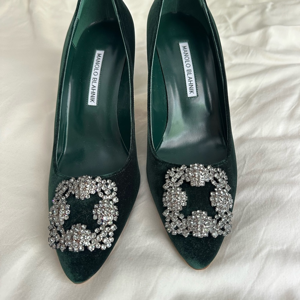Manolo Blahnik Green Heels with Crystal Buckle